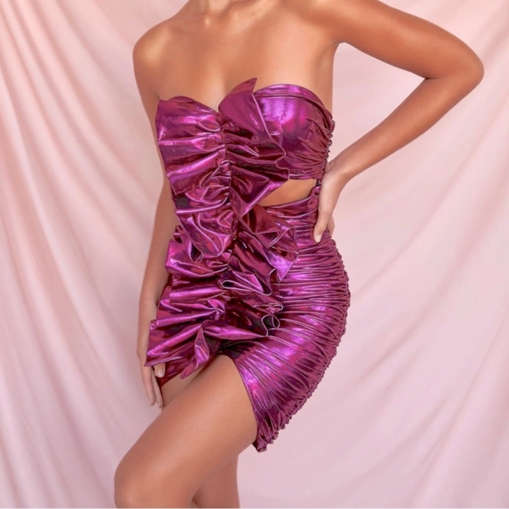 “Caterina” Metallic Pink Ruched Ruffle Dress